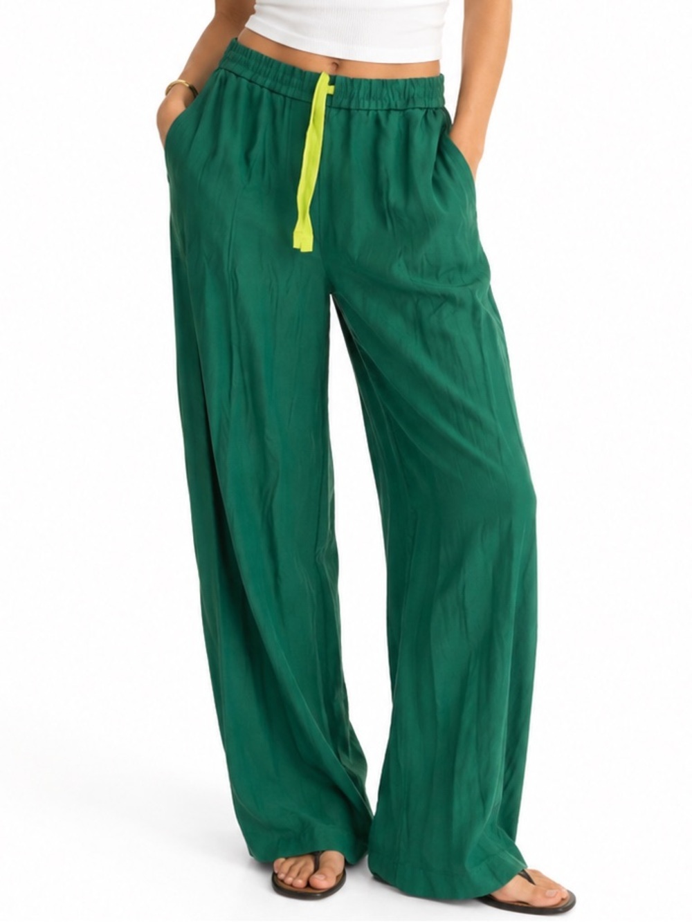 COS Green Satin Pants Neon Drawstring Elastic Waist Trousers Slacks Loose Soft 4